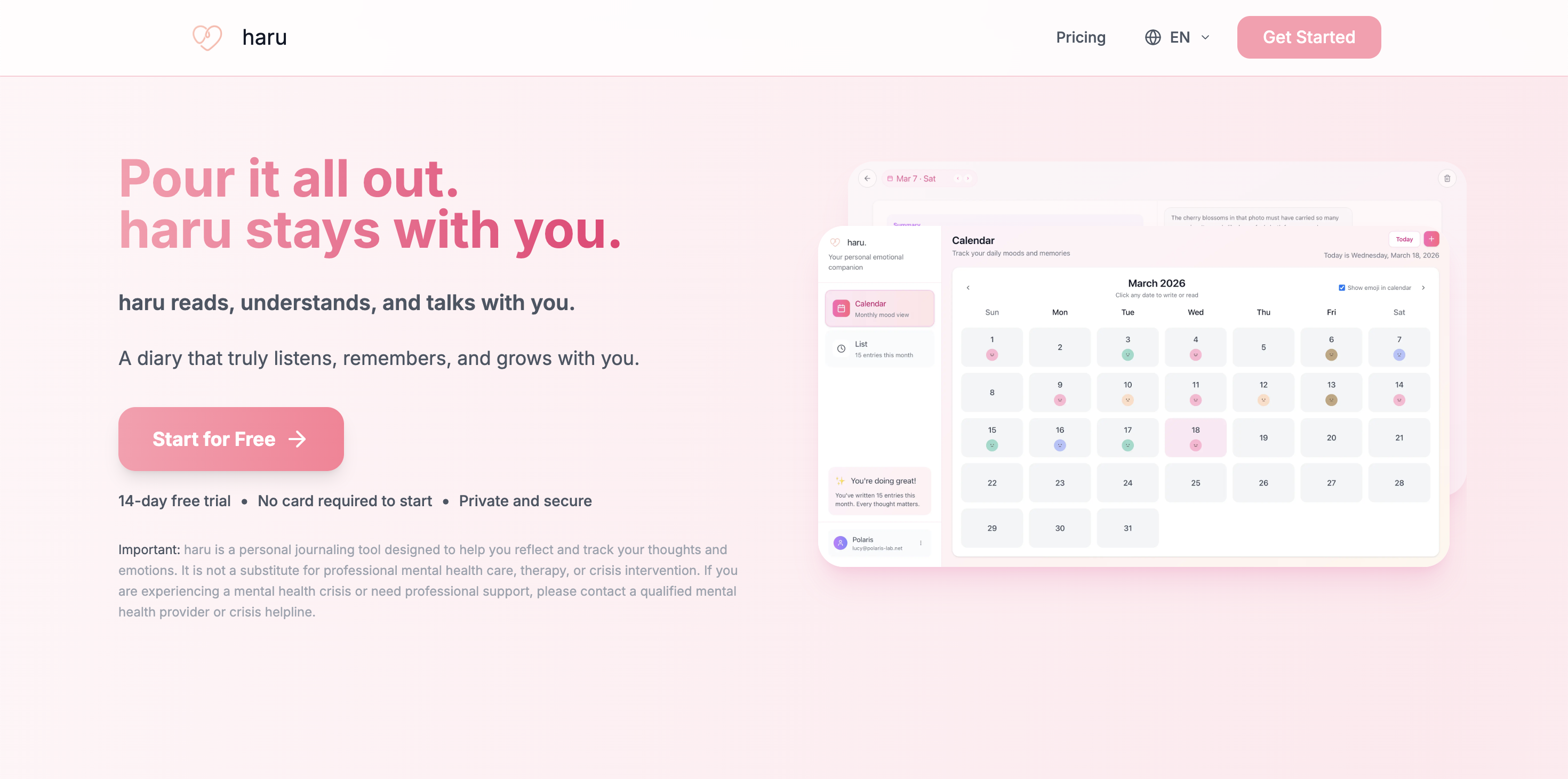 haru – AI Journal & Diary App | Write, Reflect, Track Your Mood
